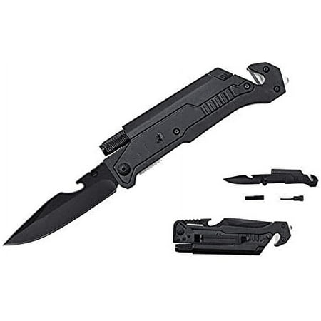 1 Pocket Rescue Hunting Knife Led Flashlight Bottle Opener Fire Starter Holidays Birthday Groomsmen Gifts-LED (Black w/ Pouch)