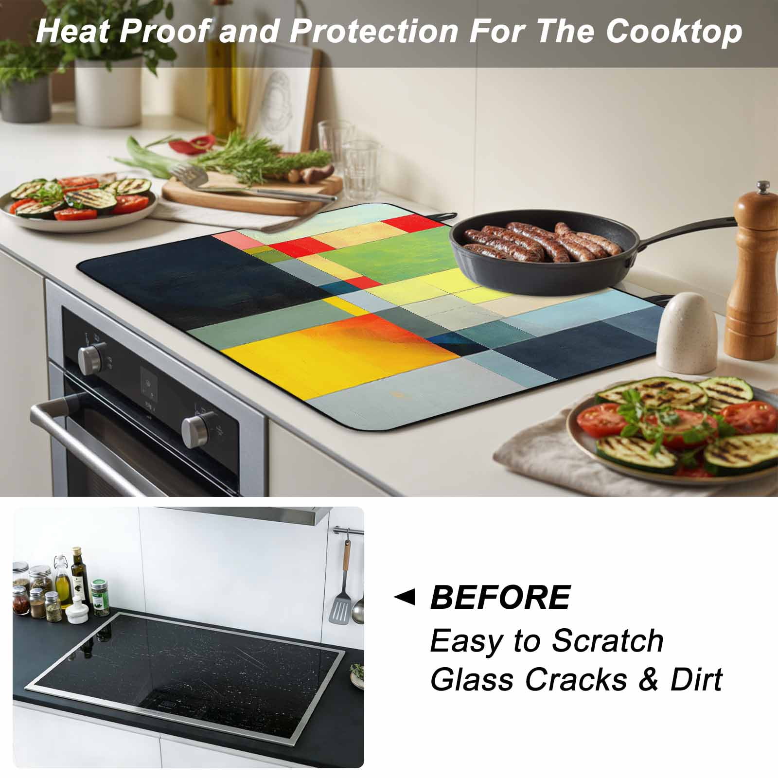 Colorful Geometric Stove Top Cover for Electric Stove, Heat-proof & Non Slip Glass Top Stove Cover Protector, Color Block Abstract Contemporary Kitchen Flat Cooktop Rubber Mat 24x21 Inches