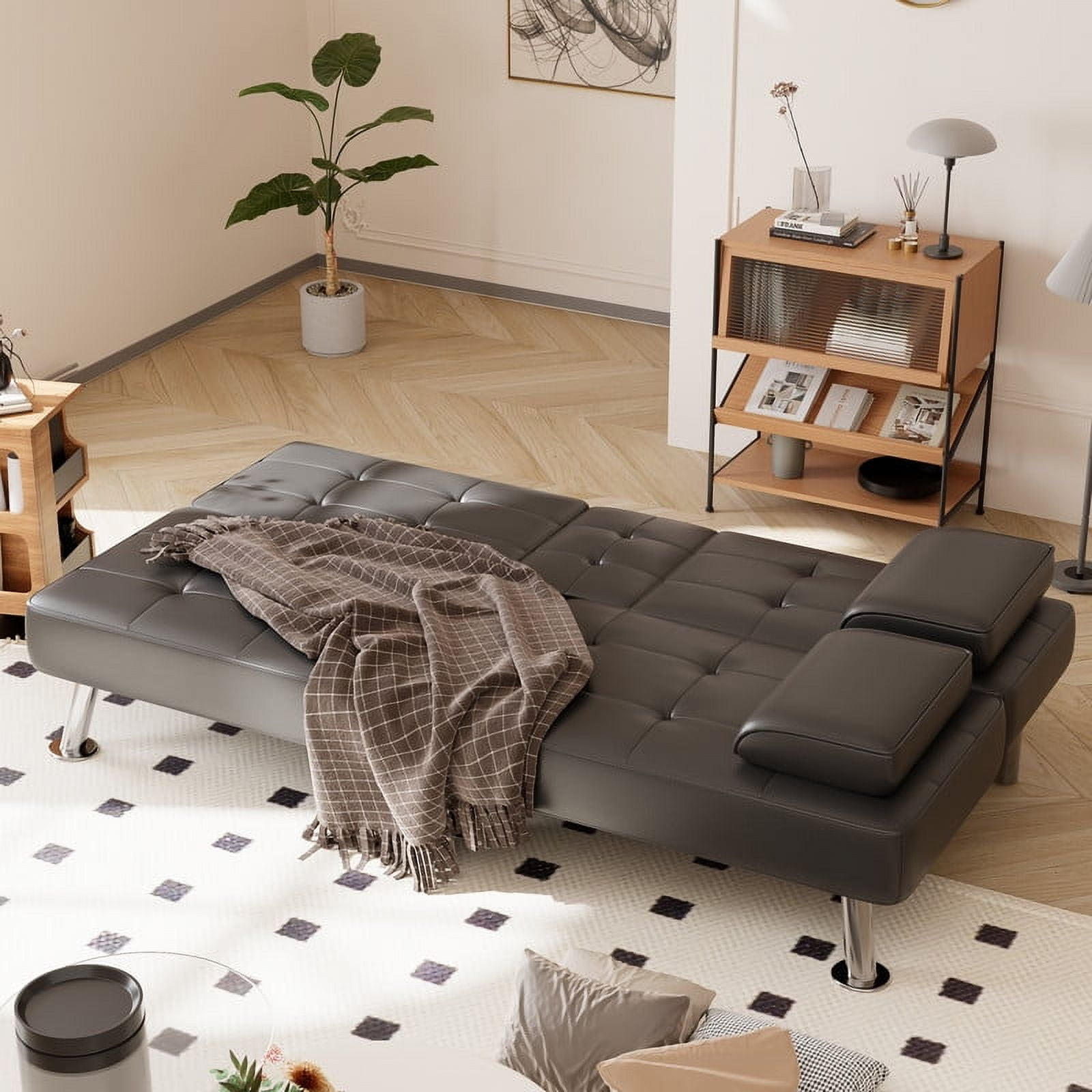 Furmax 3-in-1 Futon Sofa Bed Convertible Couch – Faux Leather Recliner with Cup Holders for Living Room, Apartment & Small Space, Gray