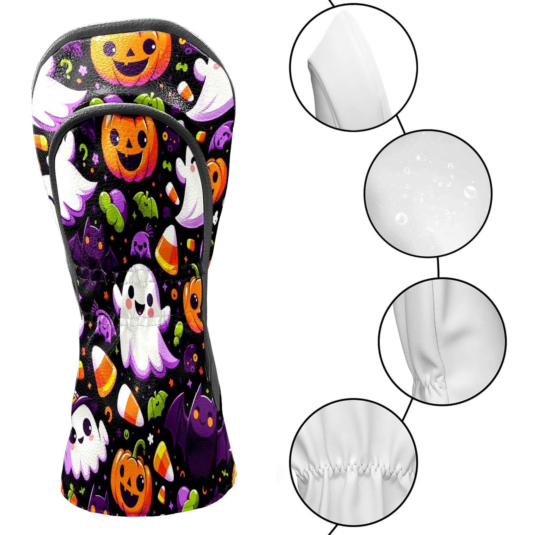 Golf Club Covers, Black Halloween Ghosts Premium PU Leather Driver Hybrid Putter Head Covers with Velvet Lining, Waterproof Golf Gifts for Men Women