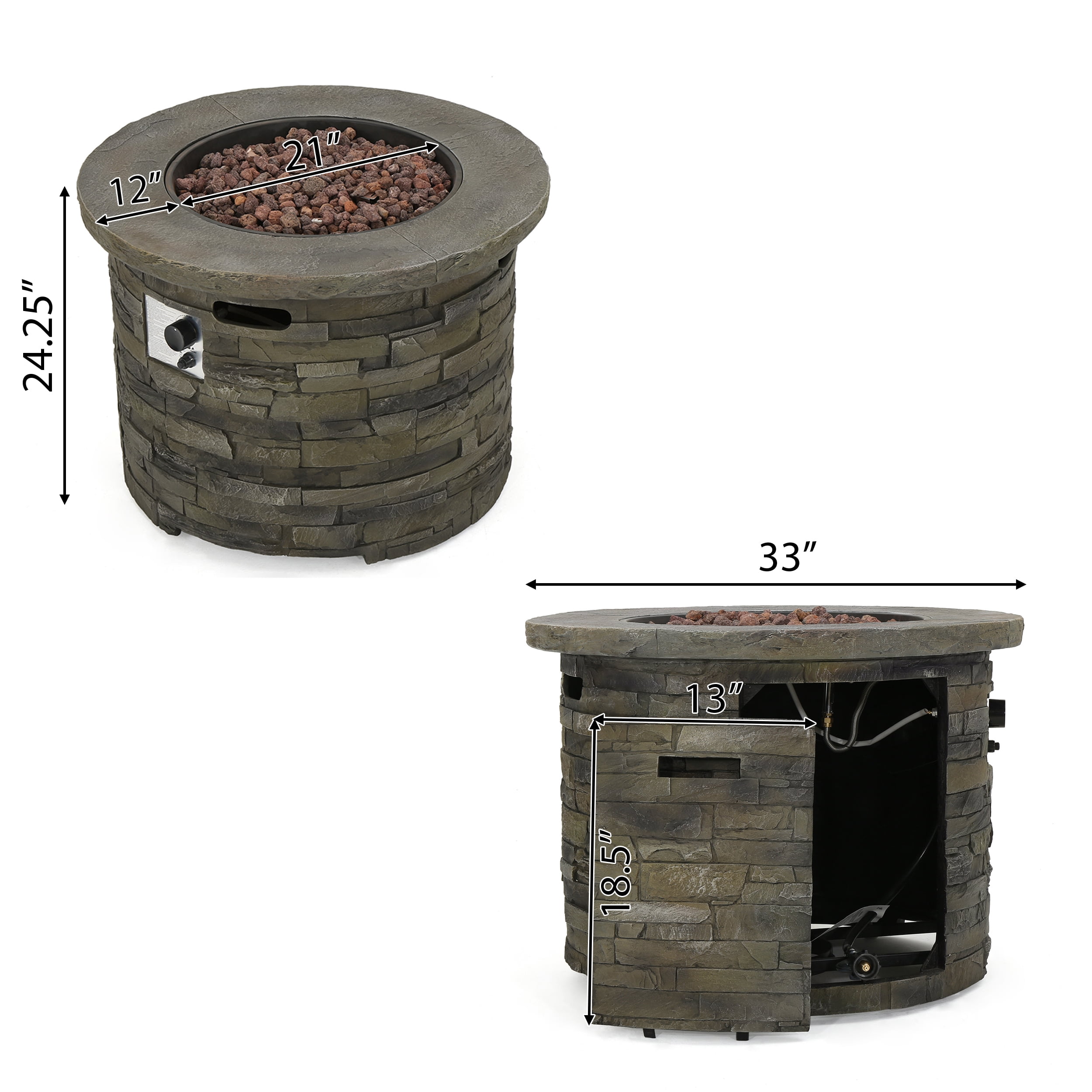 Davion Outdoor 5 Piece Wicker Swivel Club Chair Set with Fire Pit and Cushions, Mix Brown, Mix Khaki, Natural Stone