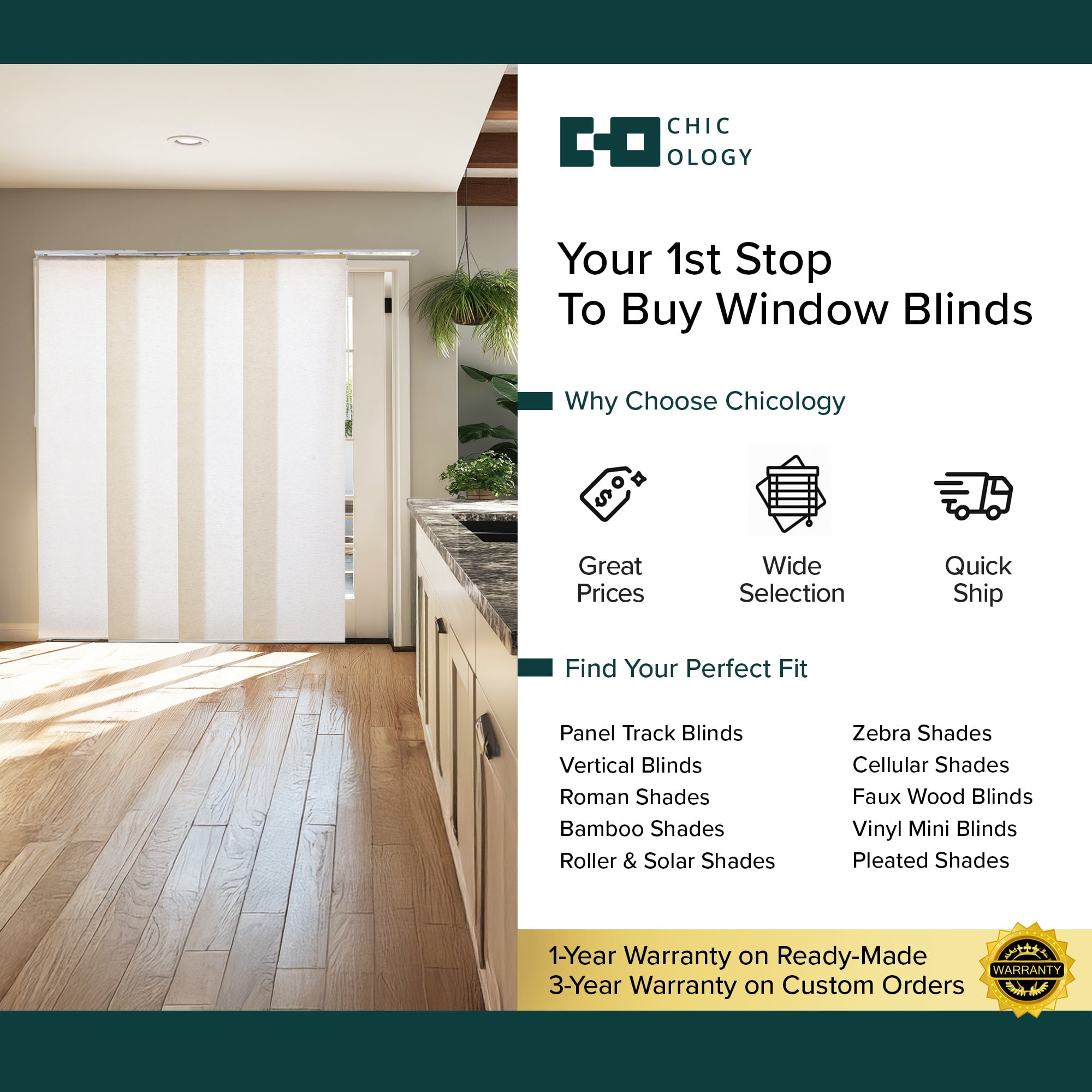CHICOLOGY QUAD RAIL SLIDING PANEL Country Ivory (Light Filtering) W:46-86 x H:Up-to 96 inches