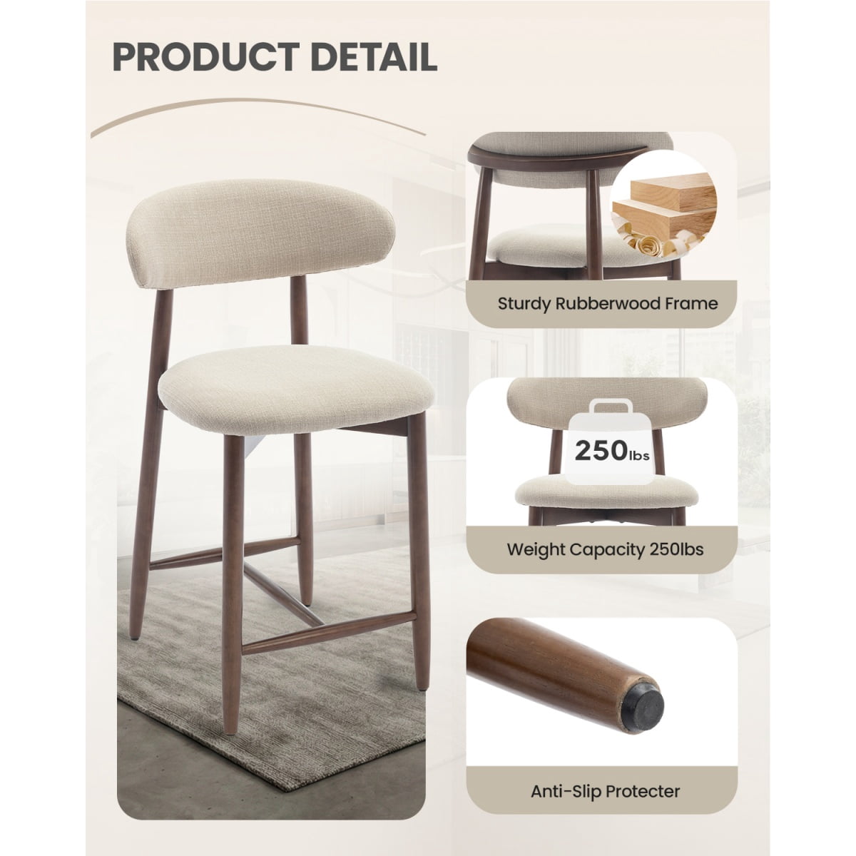 EOP Upholstered Counter Height Bar Stool with Back, Modern Kitchen Island Stool, Wood Leg Bar Chair for Kitchen Island Dining Room Bar Counter, Beige