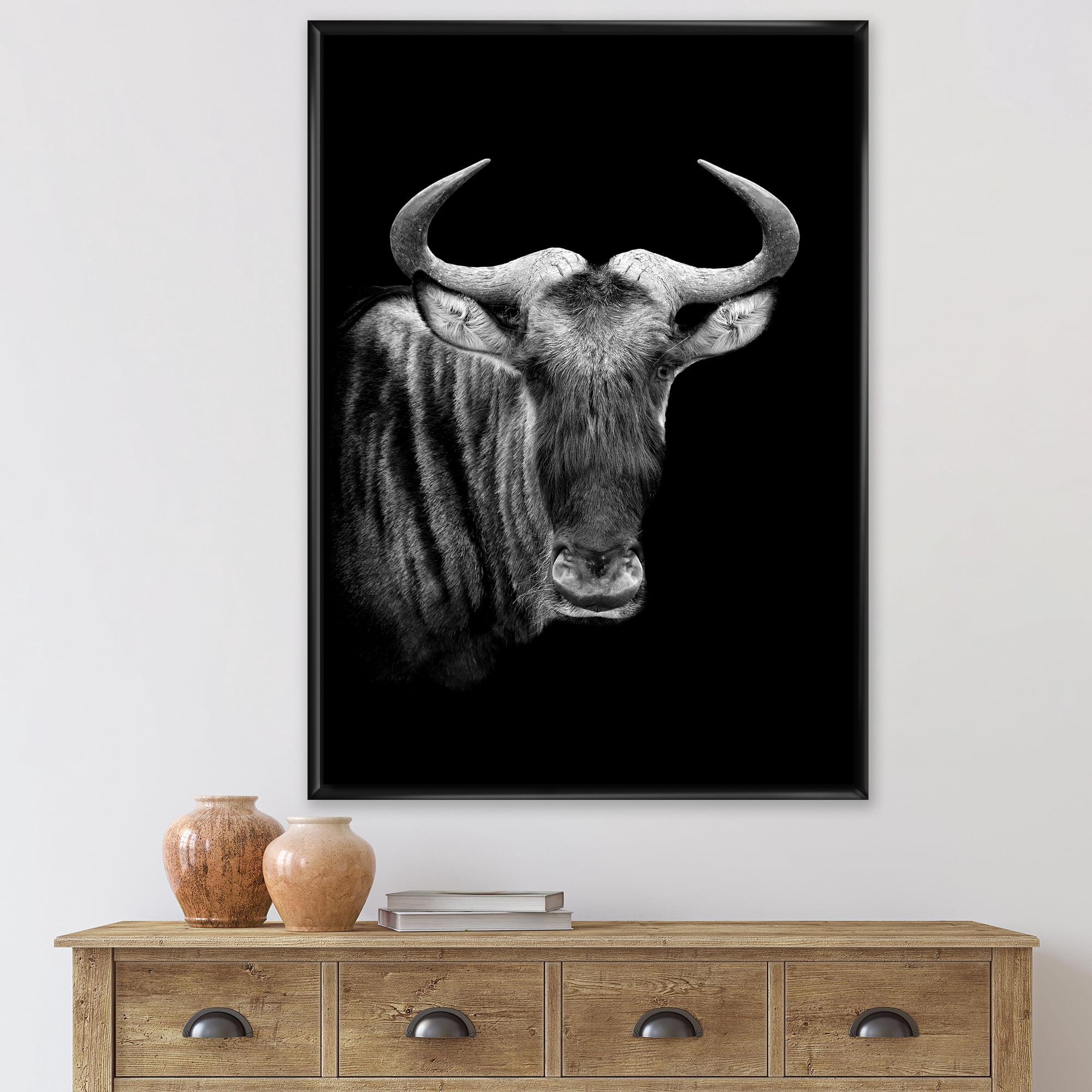Designart 'Black and White Portrait Of Wildebeest' Farmhouse Framed Canvas Wall Art Print