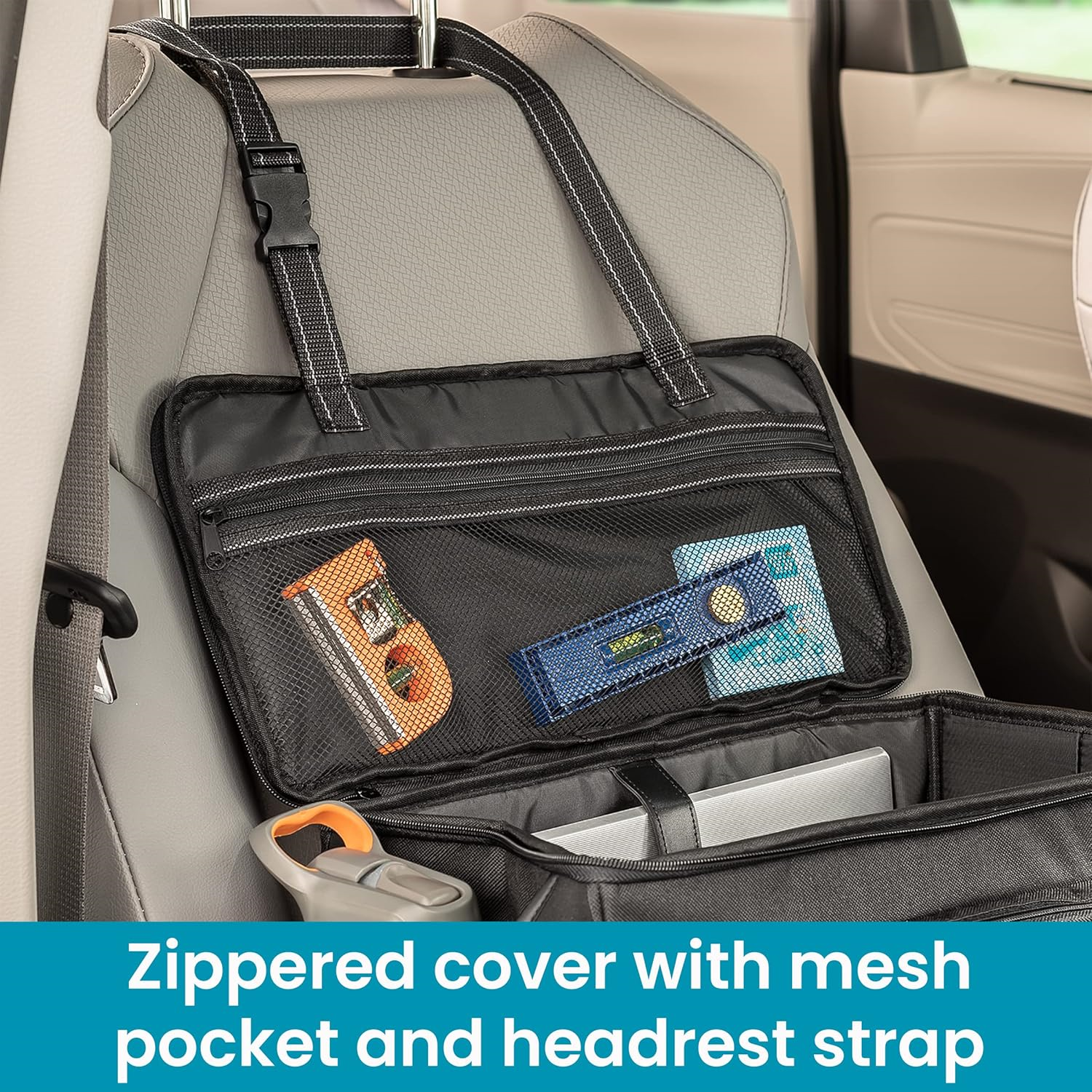 Car Office Organizer - Front Seat Organizer with Desk Supplies Compartment, Laptop Sleeve, 2 Bottle Holders, Storage Cover and Padded Shoulder Strap for Cars, Trucks and Patrol Vehicles