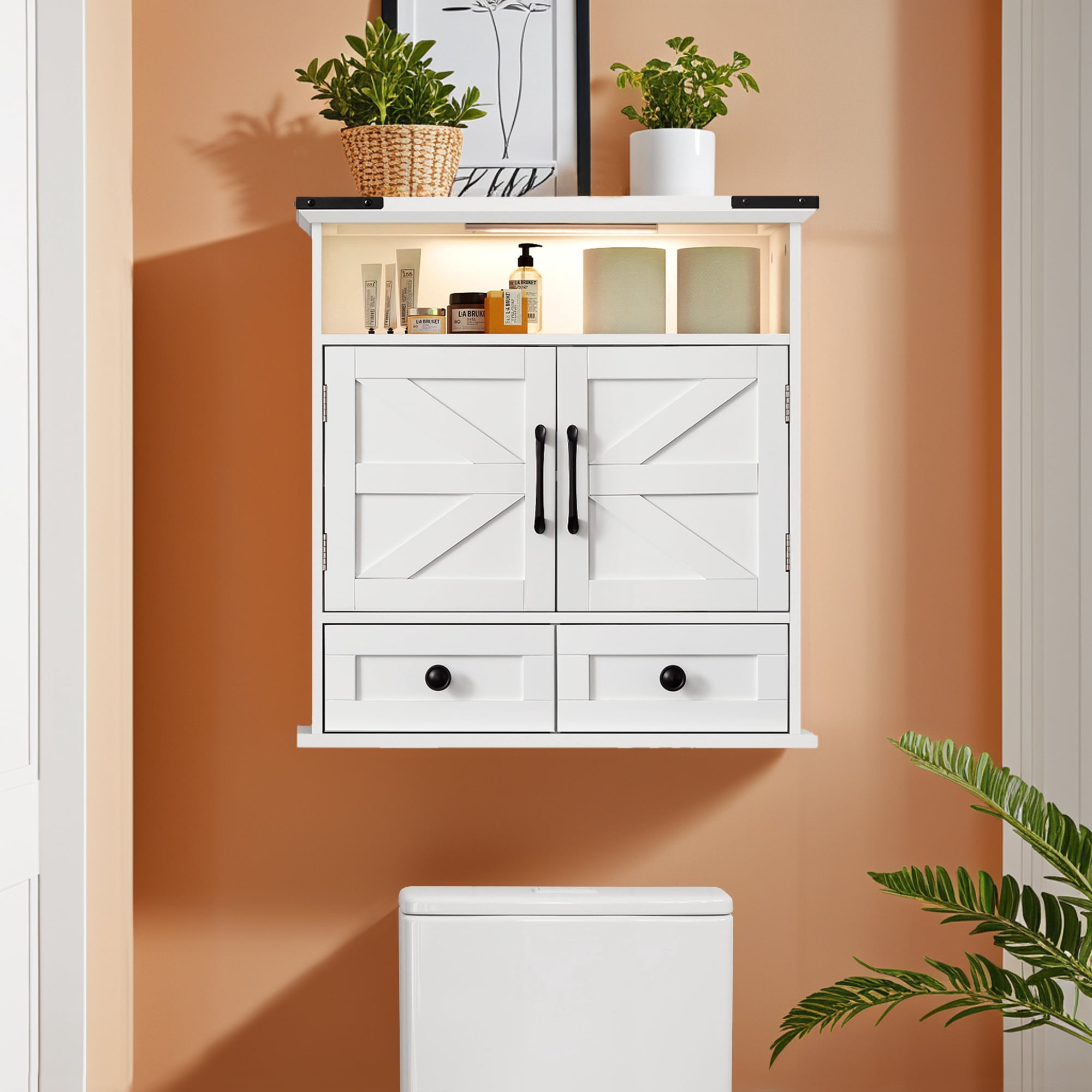 OONNEE Bathroom Wall Cabinet, 24" x 25" Farmhouse Over The Toilet Storage with Motion LED Light & Safety Drawers, Wooden Medicine Cabinet,White Storage Organizer