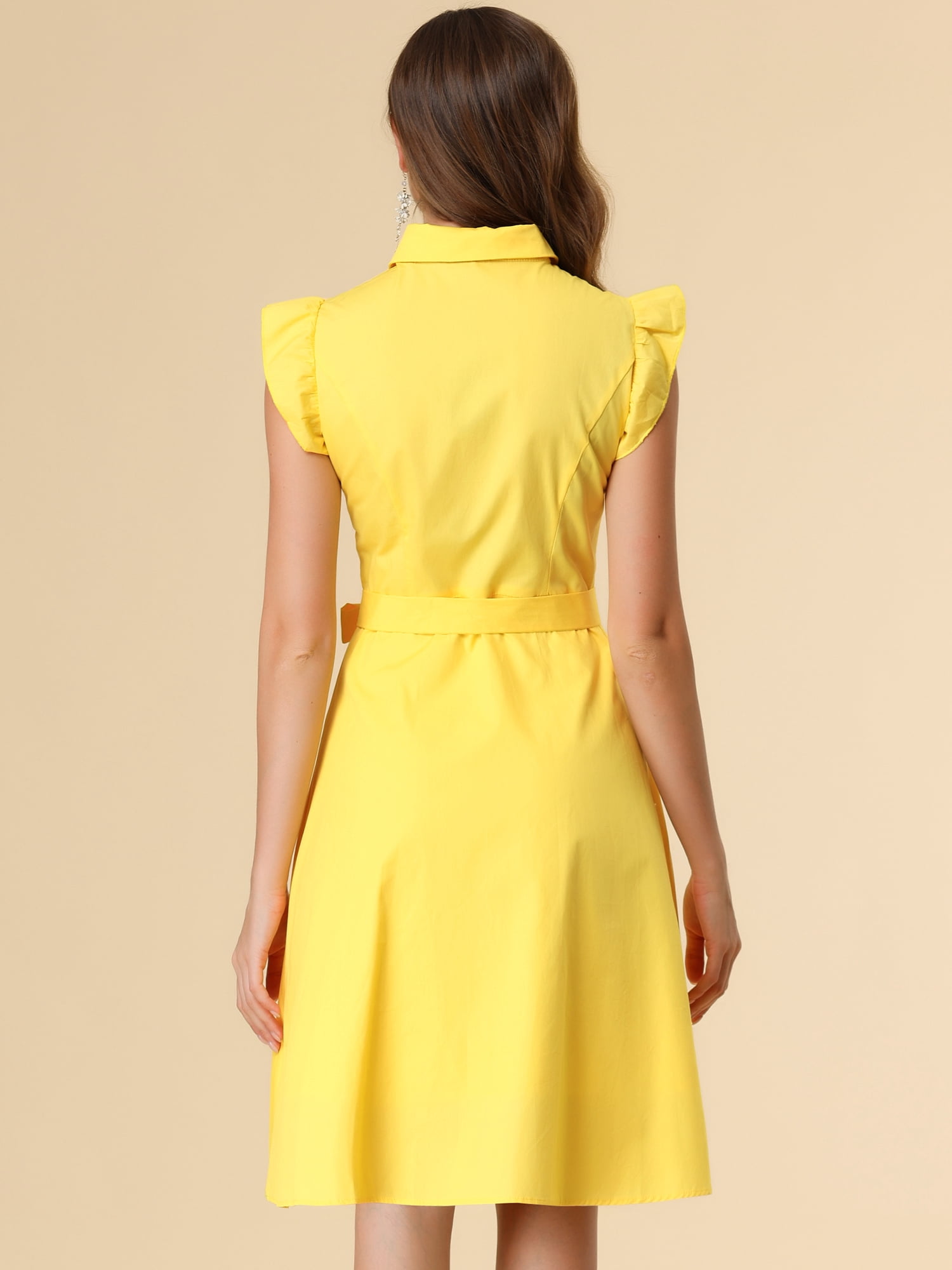 DARING DIVA Ruffled Sleeve Button Down Belted Knee Length Shirt Dress S Yellow
