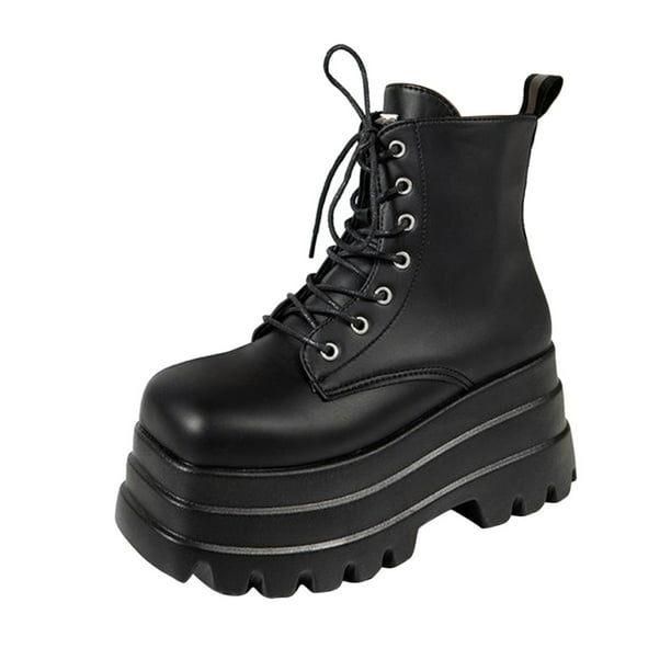 NECHOLOGY Botas Mujer Adulto Femenino Zapatos Botines mujer Botas de suela gruesa con tacón de cuña y cremallera lateral con cordones de cuero de color liso para mujer (Black, 7.5)