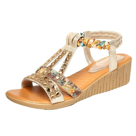 CHOII Women s Summer Casual Sandals Crystal Thick Platform Wedges Beach Shoes Bohemian Style Ankle Strap Sandals for Ladies Colorful Lace-up Thong Sandal Clearance! Gold/7.5