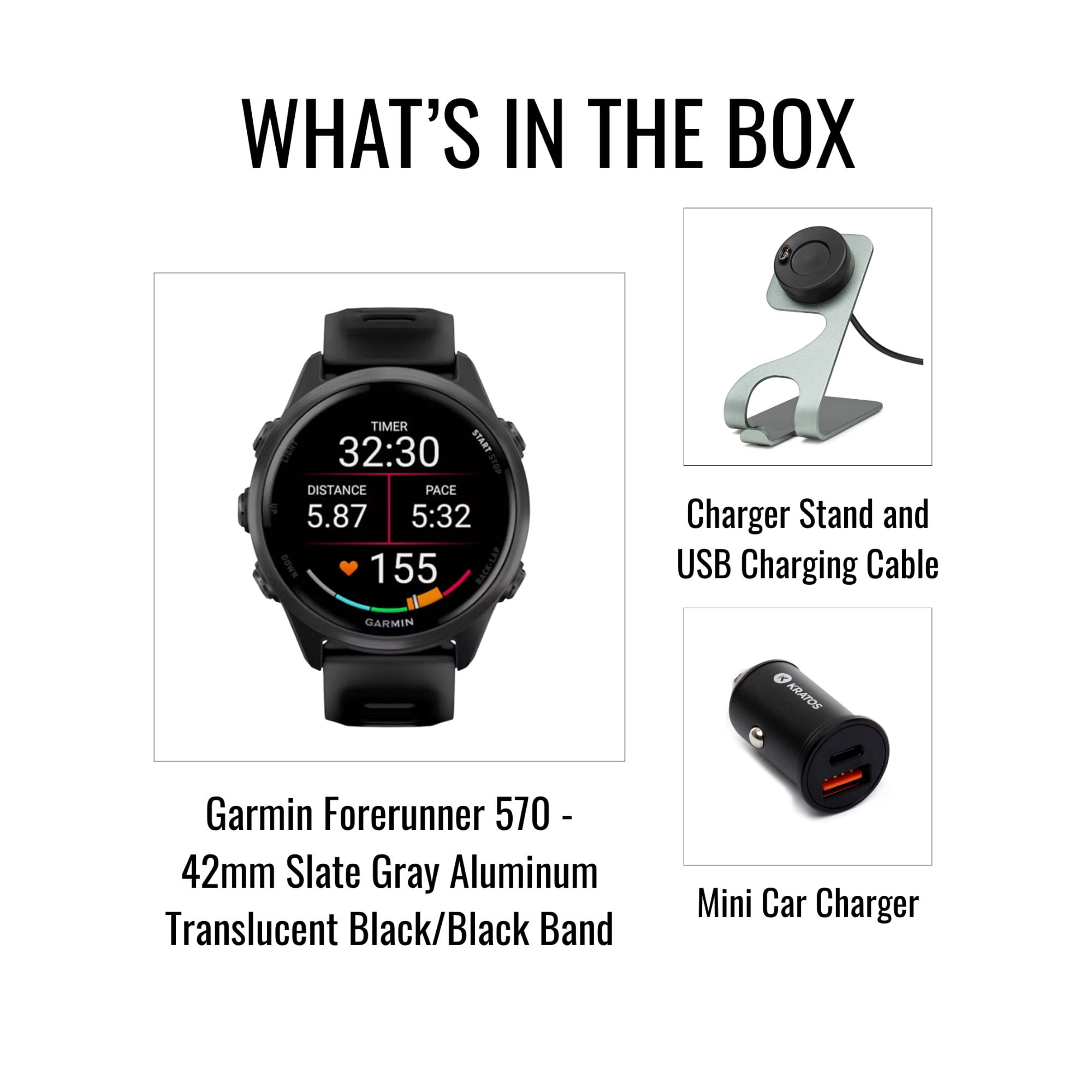 Garmin Forerunner 570 42mm GPS Running Smartwatch (Slate Gray/Black Band) Bundle with Stand, Charging Cable and Car Charger (3 items)