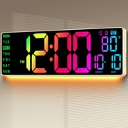 16.5 Large Digital Wall Mount Clock: RGB Lights with 11 Scenes Mode Remote Control, Dual Alarms with Big LED Display, Auto DST, Temperature for Classroom Gaming - House Warming Gifts, Khaki