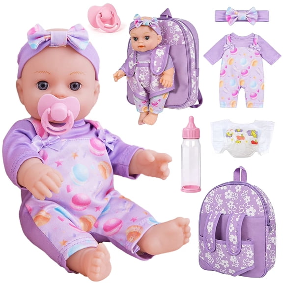 Aijohnny 12" Baby Doll with Flower Pattern Backpack Carrier, Baby Doll Set with Clothes and Accessories Hanky Pacifier Bottle Diaper Toy for Baby Toddler Age 3