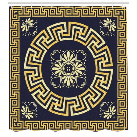 Greek Key Shower Curtain, Meander with Spring Inspired Floral Detail Rich and Retro Entangled Maze, Fabric Bathroom Set with Hooks, 69W X 70L Inches, Dark Blue Yellow, by Ambesonne