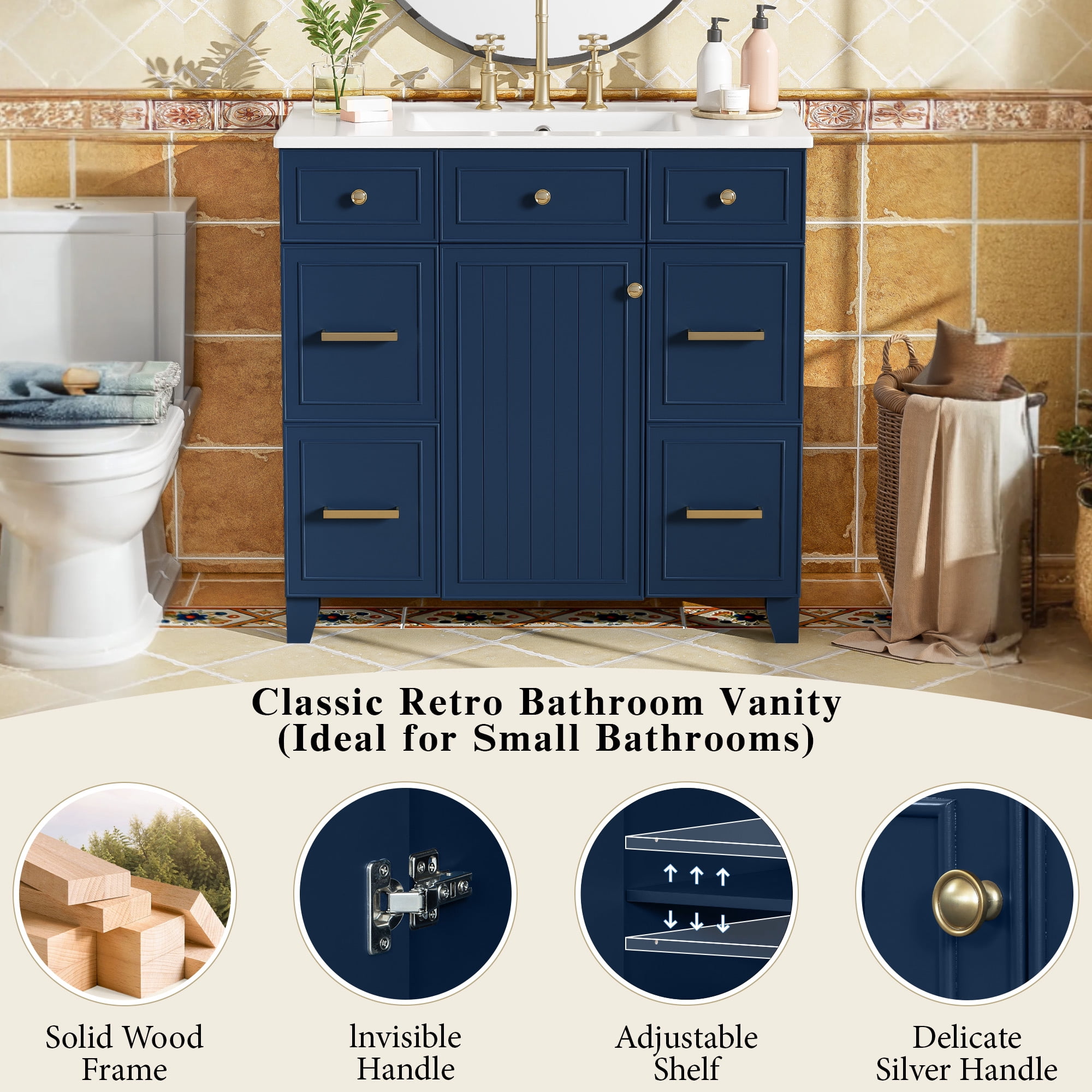 Euroco 36" Euroco Bathroom Vanity with Ceramic Sink, Blue, Solid Wood Frame, Soft Close Doors, Adjustable Shelves, 3 Drawers,Including Double-Depth Drawer for Hairdryer Storage