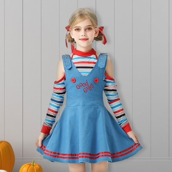 EnJoCho Kids Girls Scary Doll Dress Halloween Rainbow Stripe Shirt Skirt Set Doll Cos-play Nightmare Par𝗍y Outfit for Girls