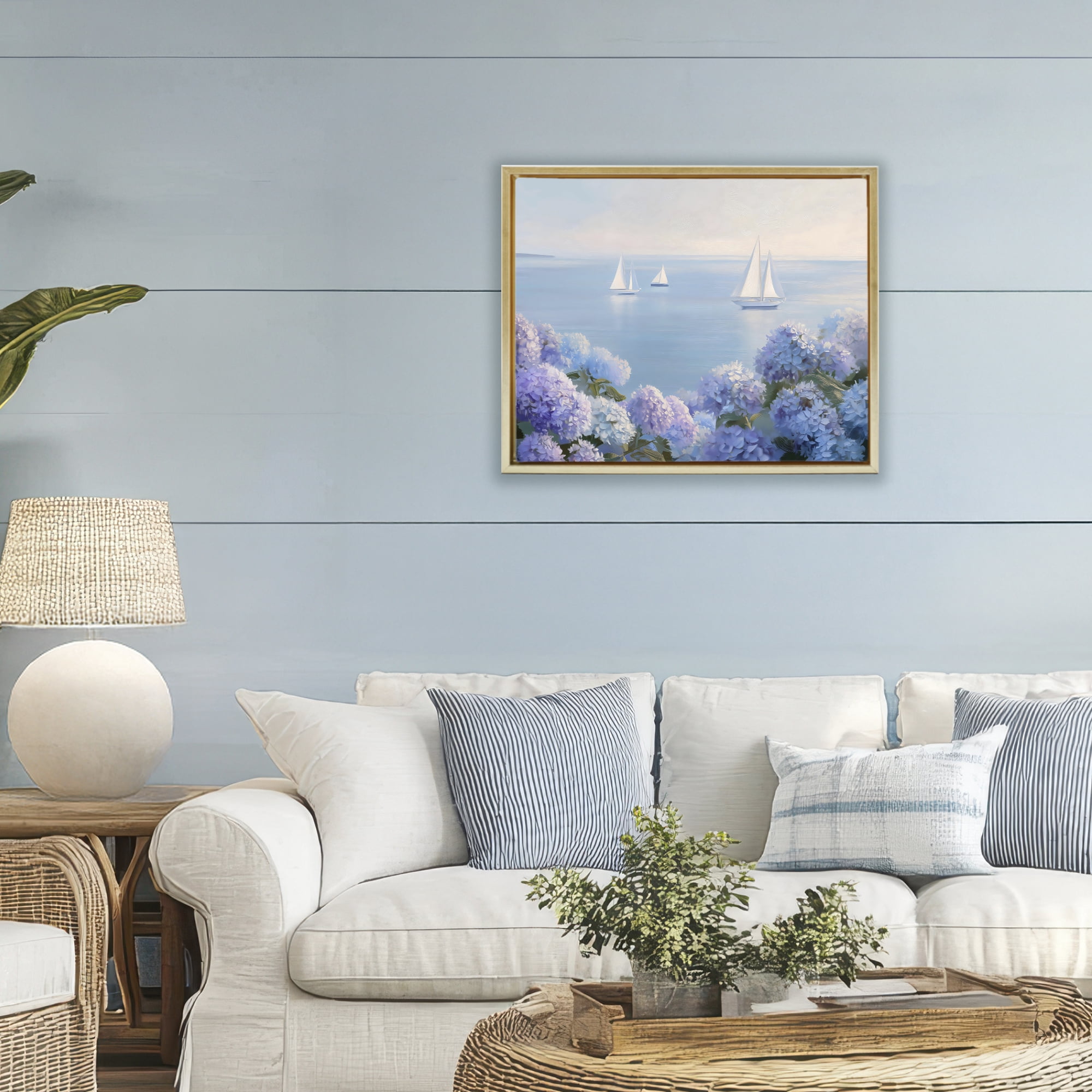 Stupell Industries Sailboats & Hydrangeas at Sea Gold Framed Floater Canvas Wall Art, design by LSR Design Studio