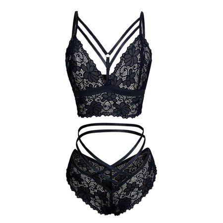 

NECHOLOGY Women s Bra And Panty Set Lace Floral Lingerie Bodysuit 2 Piece Outfits Lingerie Dress with Leg Straps Underwear Black Small