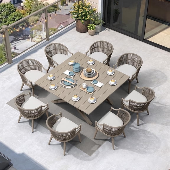 PURPLE LEAF OUTDOOR 9 Pieces Outdoor Dining Set All Weather Wicker Patio Dining Set with Square Aluminum Table and Modern Armrest Dining Chairs for Garden Deck Backyard Kitchen, Champagne