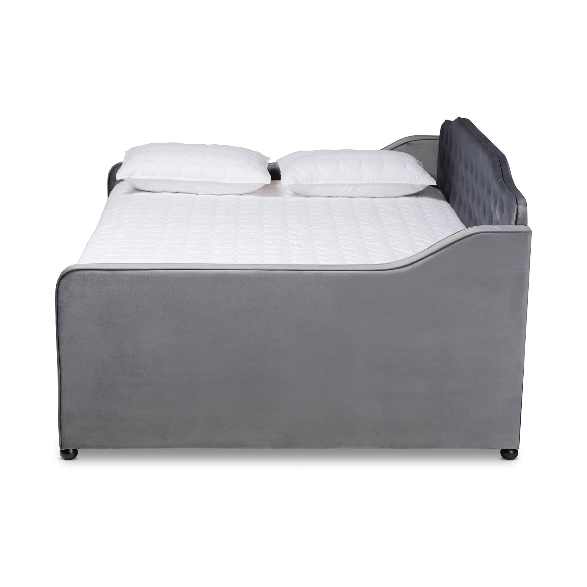 Baxton Studio Freda Transitional and Contemporary Grey Velvet Upholstered and Button Tufted Full Size Daybed with Trundle