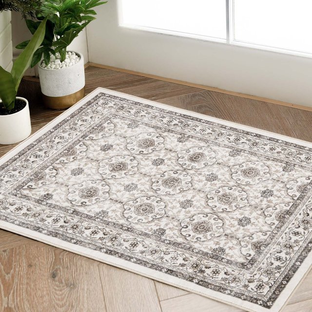 Rugking Area Rug 3X5 Persian Rug Vintage Indoor Thin Rug Soft Door Mat Taupe Print Overdyed Boho Retro Cover Farmhouse Washable Kitchen Bedroom