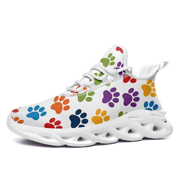 Coolcustomize Lightweight Sport Shoes for Women with a Vibrant Dog Paw Print Design(Colorful-White), Casual and versatile, Round Toe Low Top Lace up Tennis Shoes Providing Comfort for All Sports Fans
