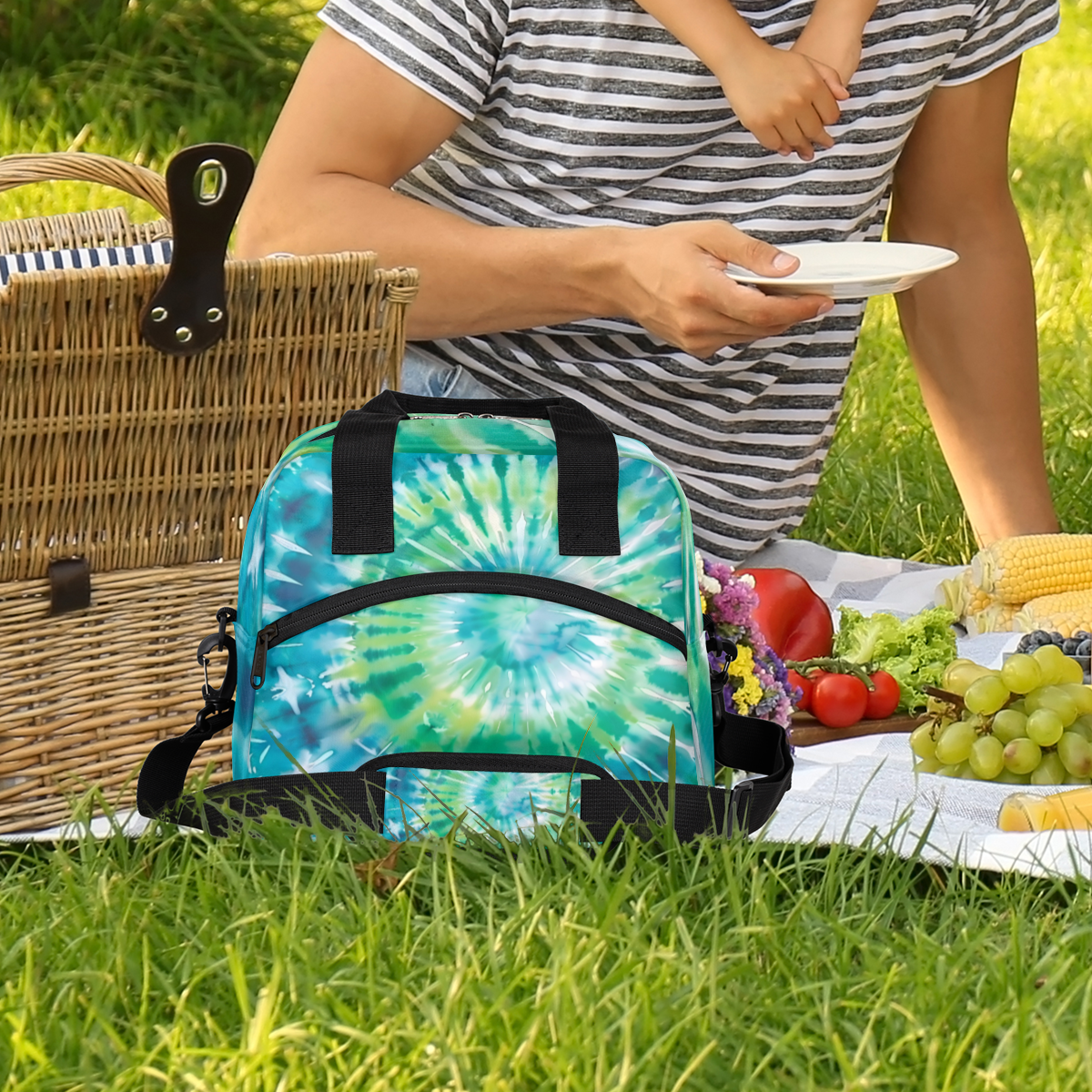 Herdesigns Tie Dye Blue Green Insulated Lunch Bag for Women Men Adults Large Reusable Lunch Box Leakproof Portable Cooler Tote Bags with Adjustable Shoulder Strap