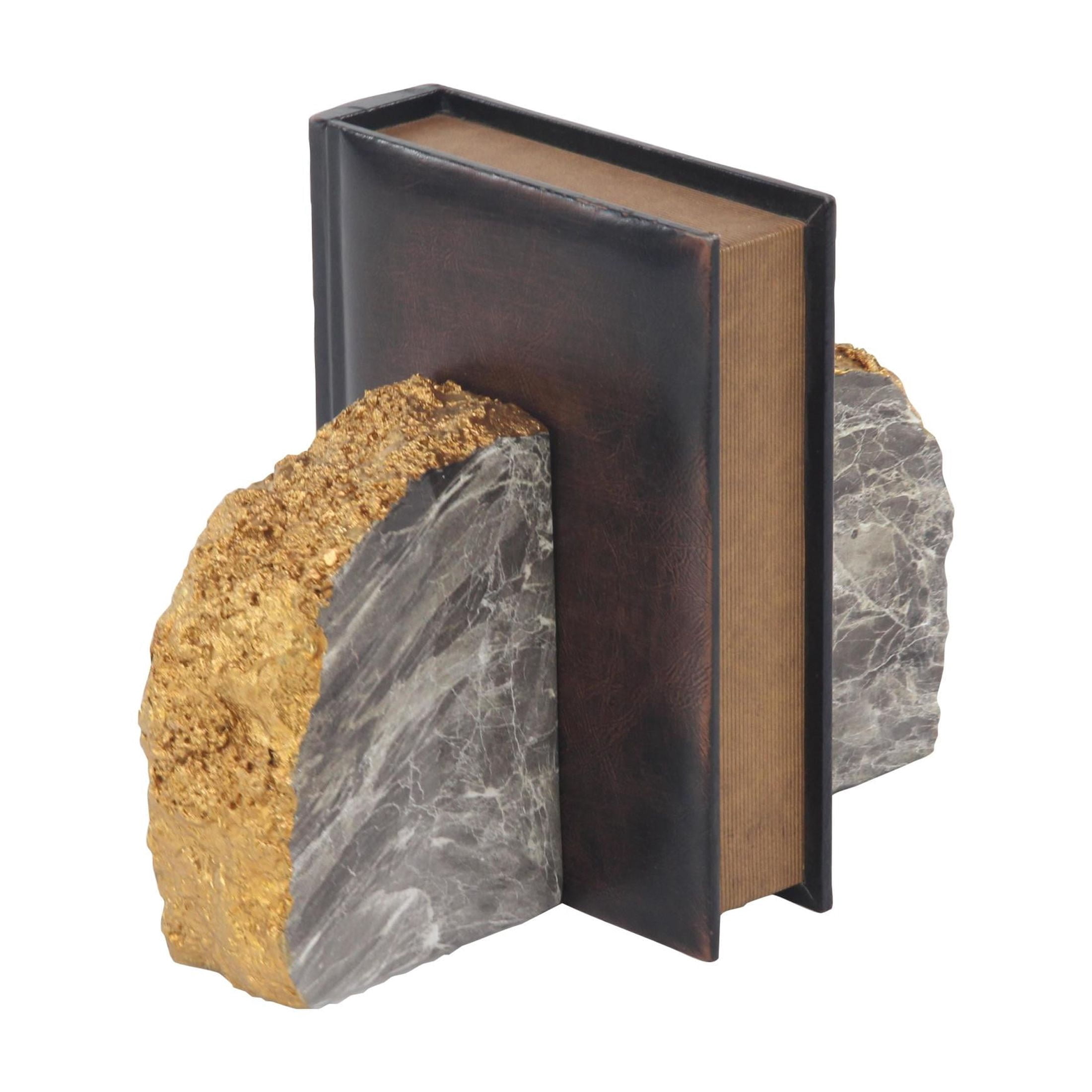 CosmoLiving by Cosmopolitan 5" Geode Gray Polystone Bookends with Gold Detailing (Set of 2)