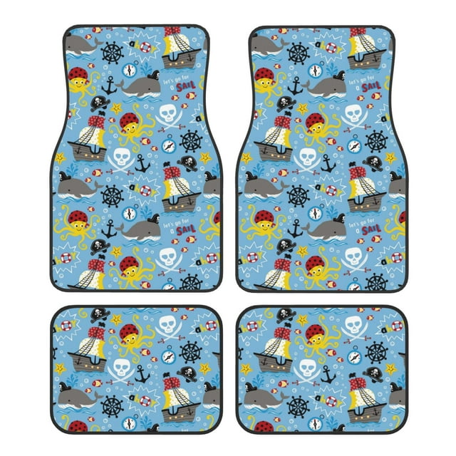 Honeii Pirate Marine Animals Print Car Foot Mat Four-Piece Set - Front & Rear Universal Car Floor Mats for SUVs, Trucks, Sedans