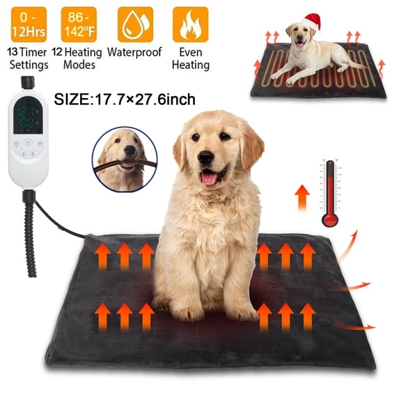 Petbank Pet Heating Pad, 18"X28" Dog Cat Self-Warming Bed, Electric Pet Heating Pads with 12 Temperature Modes, 12H timer, Indoor Outdoor Pet Heating Mat with Chew Resistant Cord, Gray