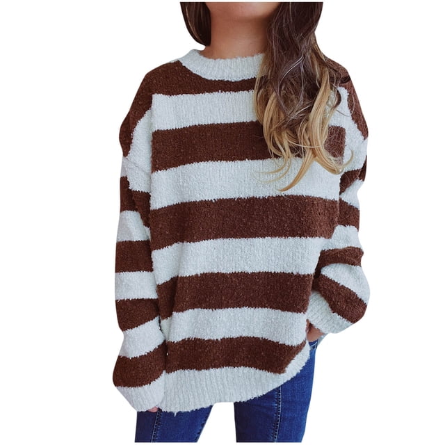 Women's Knitted Striped Round Neck Sweater - Thick and Warm Sweater for Cold Weather and Winter