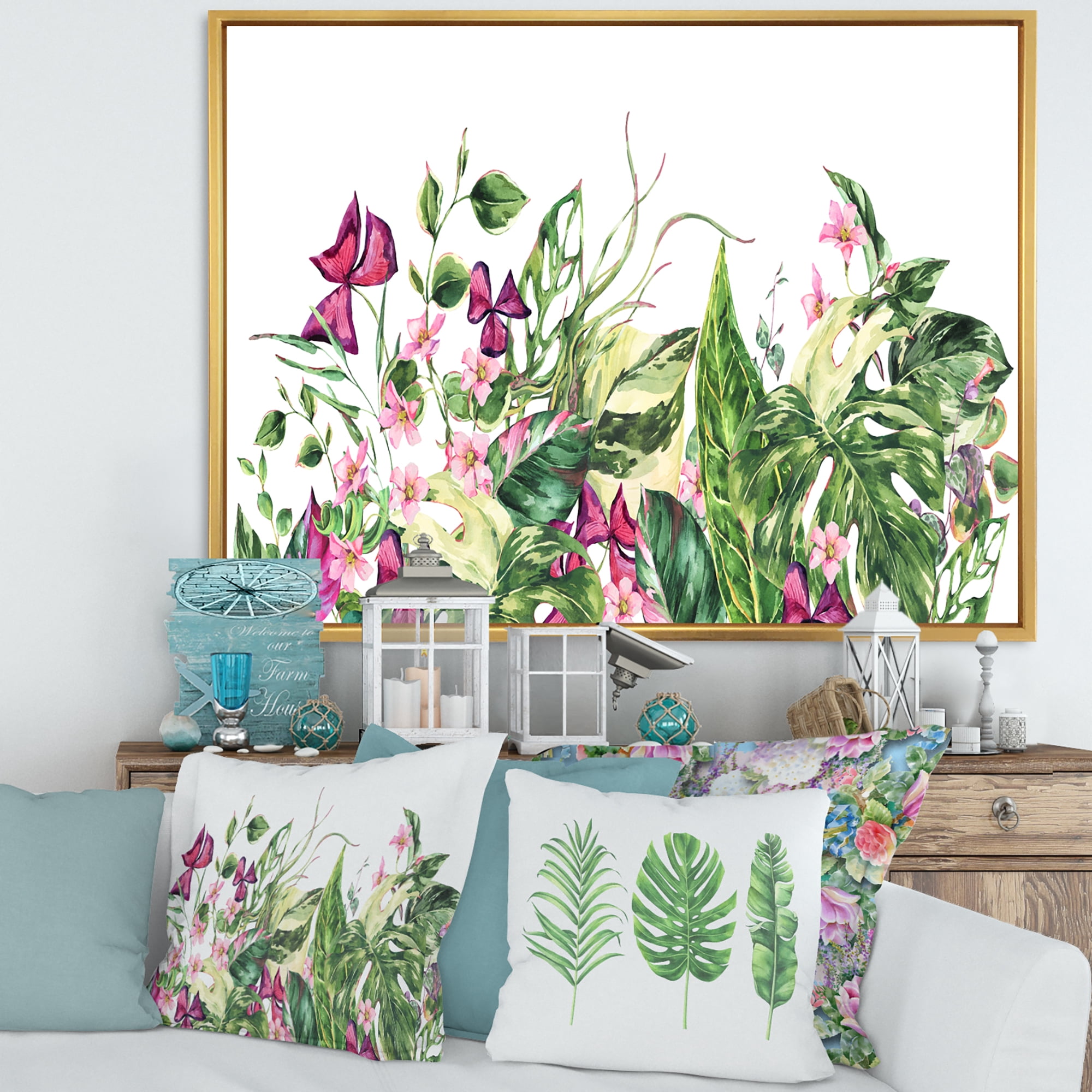 Designart 'Ancient Floral Tropical Leaves I' Tropical Framed Canvas Wall Art Print