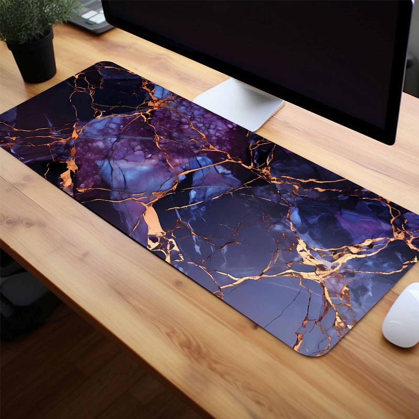 1pc Purple Golden Dark Marble Large Gaming Mouse Pad For Desk, Cool Desk Mat With Non-Slip Rubber Base Stitched Edge, Mouse Pad 31.5*15.7in For Work, Game, Office, Home, Gifts