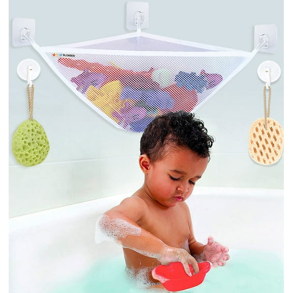 Bath Toy Storage for Tub, Corner Bathtub Toy Holder Organizer by Sherry, Large Bath Net for Tub Toys, Baby Bathroom Shower Caddy Hanging Basket Bin   3 Wall Suction Cups, 3 Adhesive Hooks
