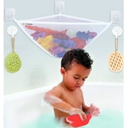 Bath Toy Storage for Tub, Corner Bathtub Toy Holder Organizer by Sherry, Large Bath Net for Tub Toys, Baby Bathroom Shower Caddy Hanging Basket Bin + 3 Wall Suction Cups, 3 Adhesive Hooks