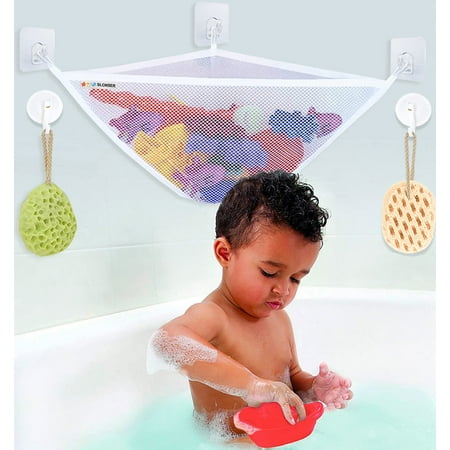 Bath Toy Storage for Tub, Corner Bathtub Toy Holder Organizer by Sherry, Large Bath Net for Tub Toys, Baby Bathroom Shower Caddy Hanging Basket Bin + 3 Wall Suction Cups, 3 Adhesive Hooks