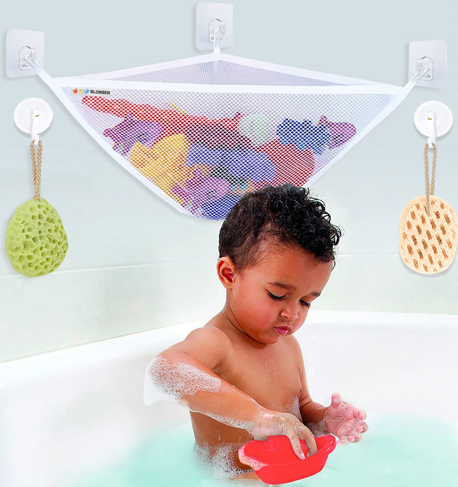 Bath Toy Storage for Tub, Corner Bathtub Toy Holder Organizer by Sherry, Large Bath Net for Tub Toys, Baby Bathroom Shower Caddy Hanging Basket Bin + 3 Wall Suction Cups, 3 Adhesive Hooks