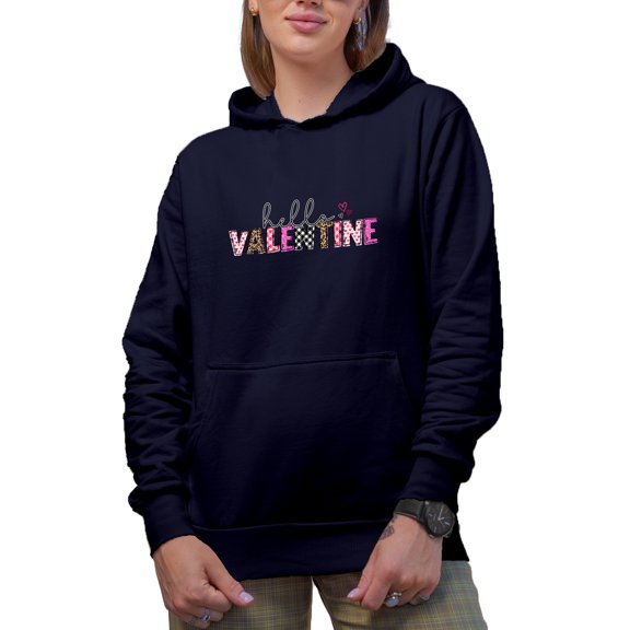 Hello Valentine Heart and Prints Romantic Holiday Perfect Gift, Navy Hooded Sweatshirt or Hoodie, Medium