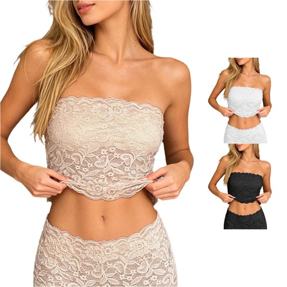 Zylarhe Bras for Women, Lace Trim Tube Top With Detachable Straps Basic Innerwear No Show Bustier Strapless Shirts for Women Summer Beige L