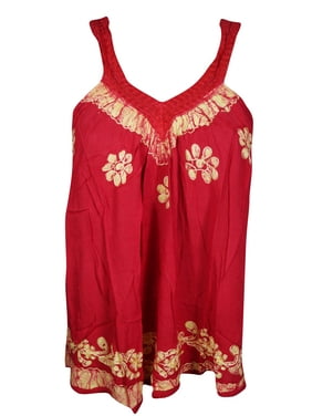 Mogul Womens Batik Embroidered Top Red Sleeveless Summer Rayon Hippie Chic Tunic Blouse XS