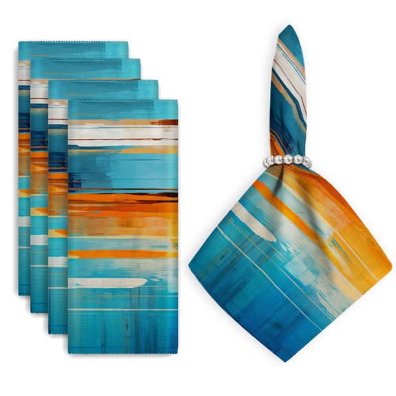 Bahomeck Napkins Set Of 4 Reusable Washable Square Fabric Dining Table Napkins Weddings Party Dinner Decor,18*18 Inch,Abstract Blue And Orange Horizontal Stripes