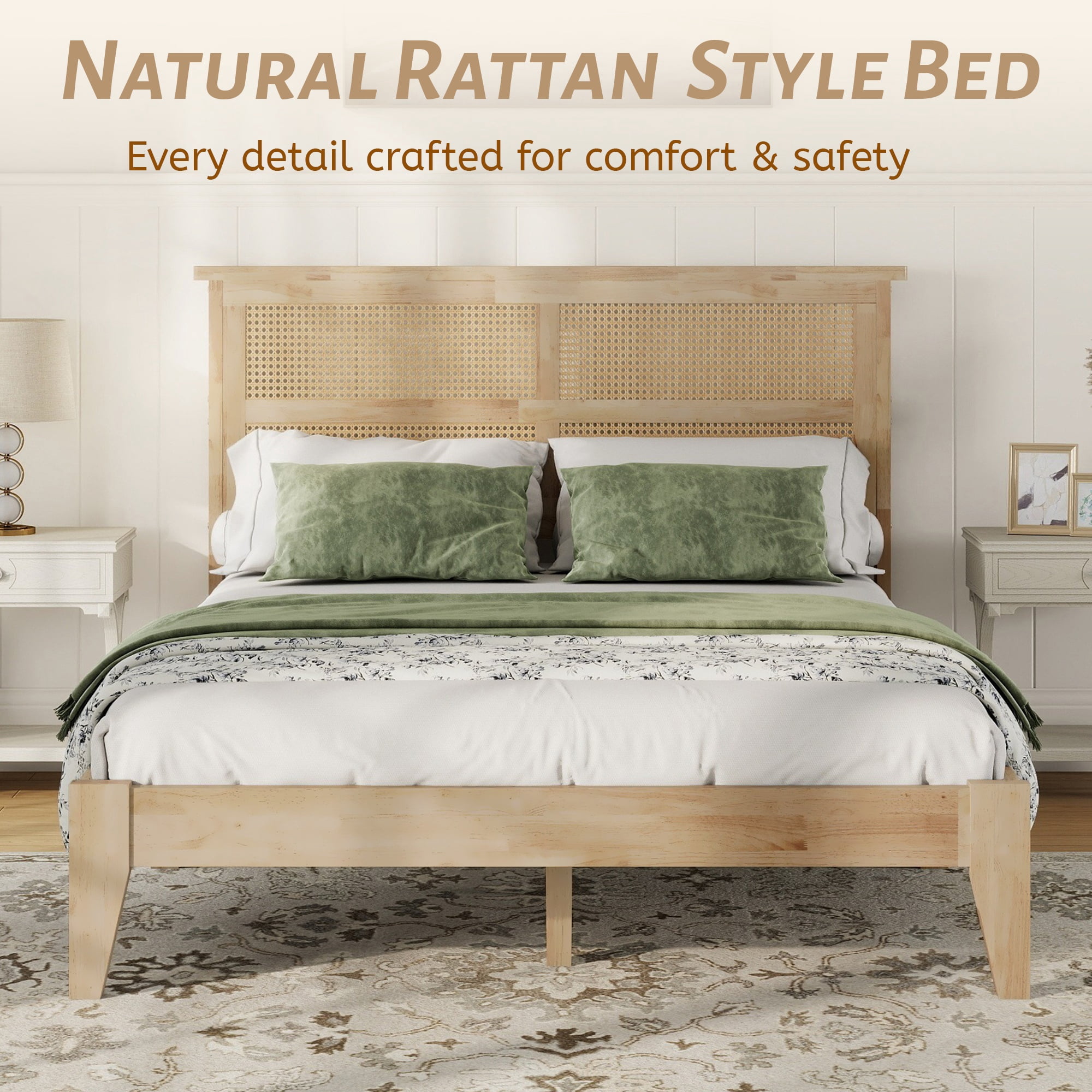 Miniyam Full Size Rubber Wood Bed Frame with Rattan-Style Woven Headboard, Natural