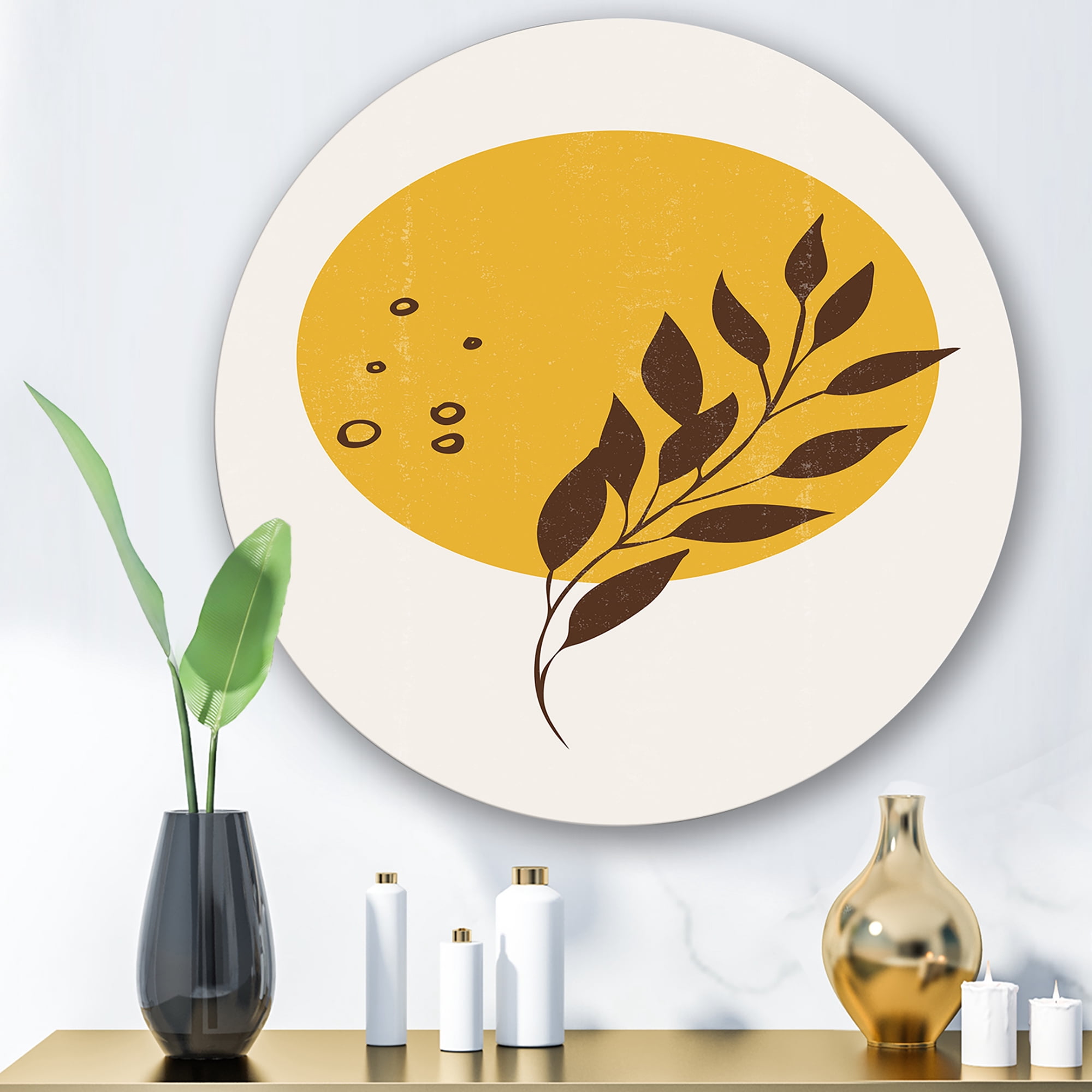 Designart 'Abstract Moon and Yellow Sun With Tropical Leaf II' Modern Circle Metal Wall Art 11x11 - Disc of 11