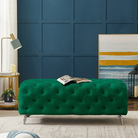 Modern Velvet Accent Ottoman, 51 Inch Rectangular Button Tufted Bench with Metal Legs, Footrest for Living Room, Bedroom, Green