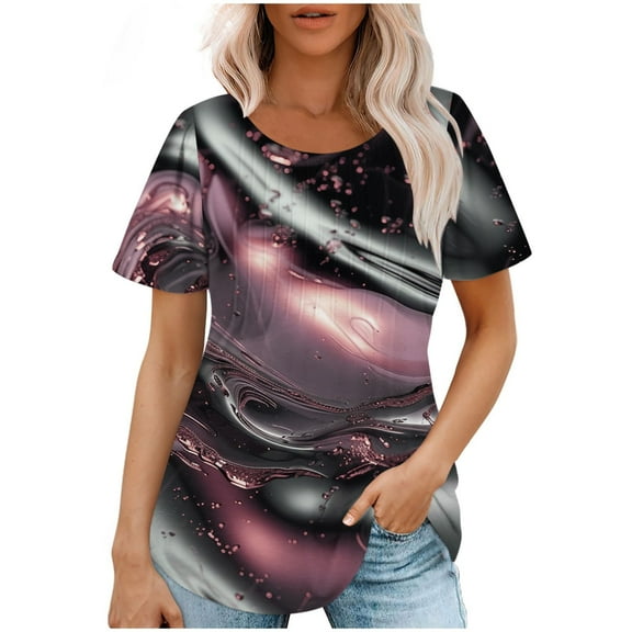 Enjoytime Women Blouse Color Block Short Sleeve Round Neck Lightweight Blouse Shirts Beachwear Streetwear Women Causal Tops Summer Outfits 2025