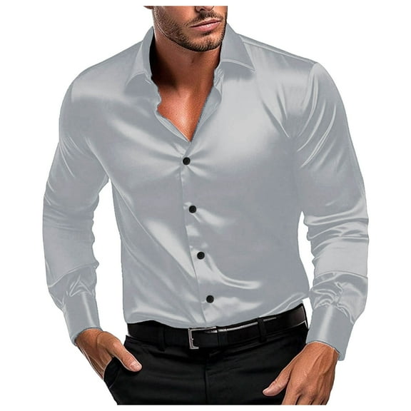 Krdevn Mens Shirts - Male Stretch Dress Shirts Formal Wedding Prom Long Sleeve Slim Fit Button Down Shirt,Mens Fall Shirts,Color:Grey,Size:L