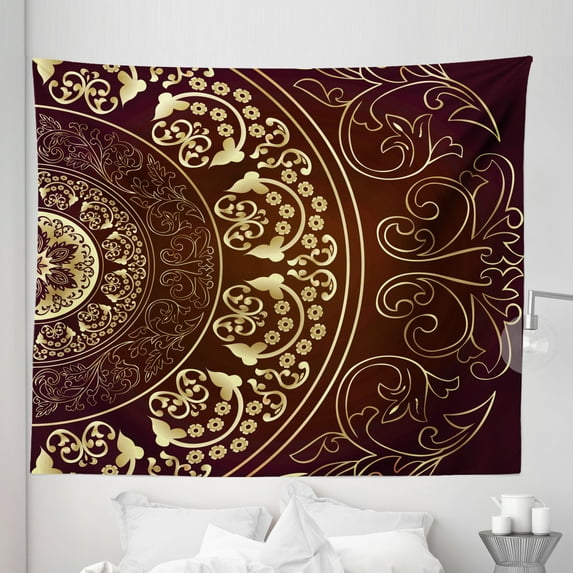 Mandala Tapestry, Vintage Cosmos Pattern Swirled Floral Leaves Art, Fabric Wall Hanging Decor for Bedroom Living Room Dorm, 5 Sizes, Burgundy Yellow, by Ambesonne
