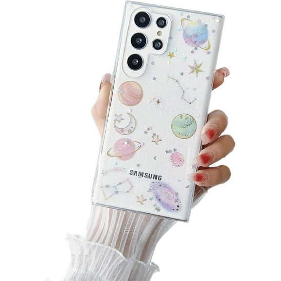 ZUKKASHAN for Samsung Galaxy S22 Ultra 5G Clear Case, Cute Cases with Design Sparkle Stars Moon Bling Glitter Planet Aesthetic Silicone Shockproof Cover Women Girls for Samsung S22 Ultra 6.8''