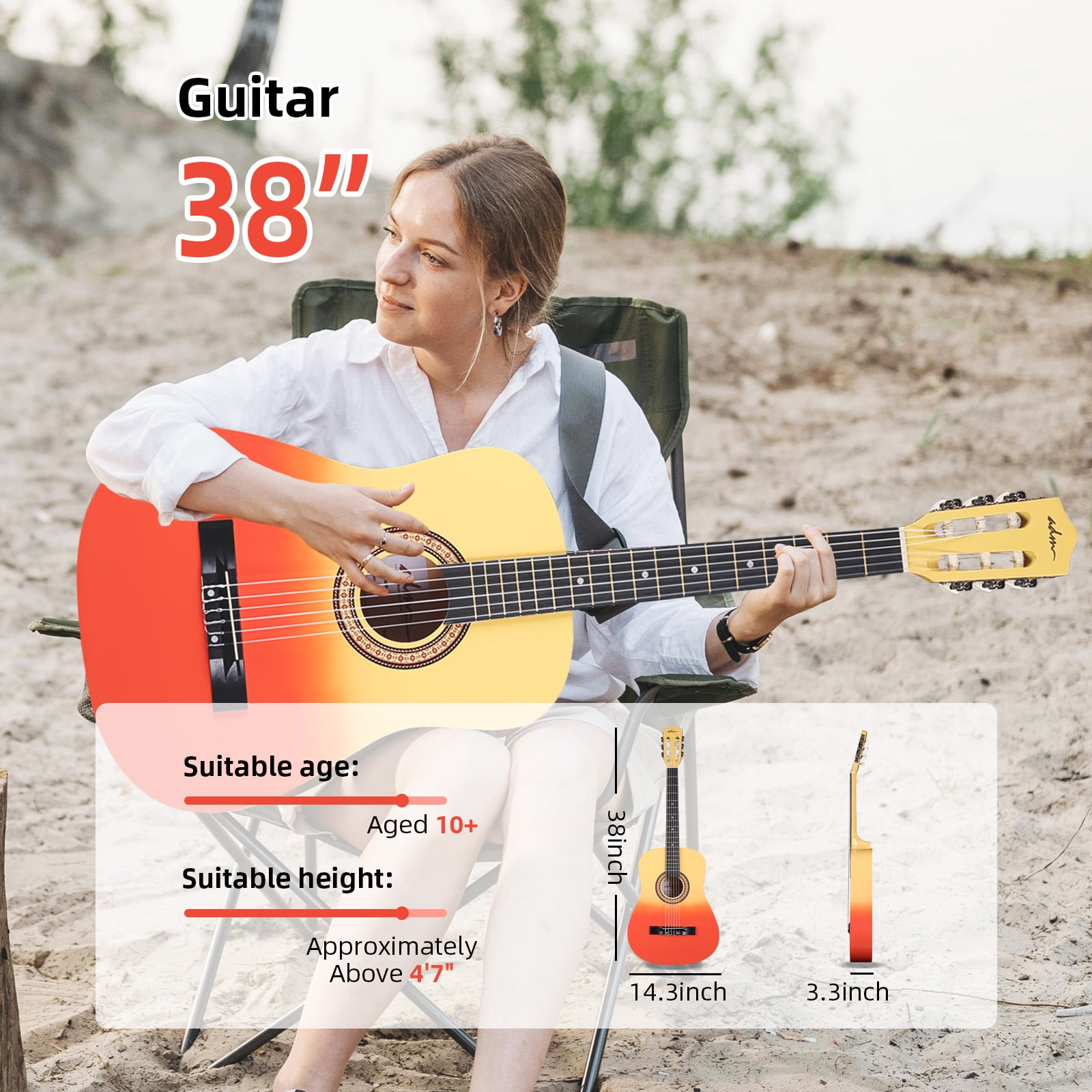 ADM Acoustic Guitar for Adults & Kids, 38" Travel Guitar Kit (Sunburst)