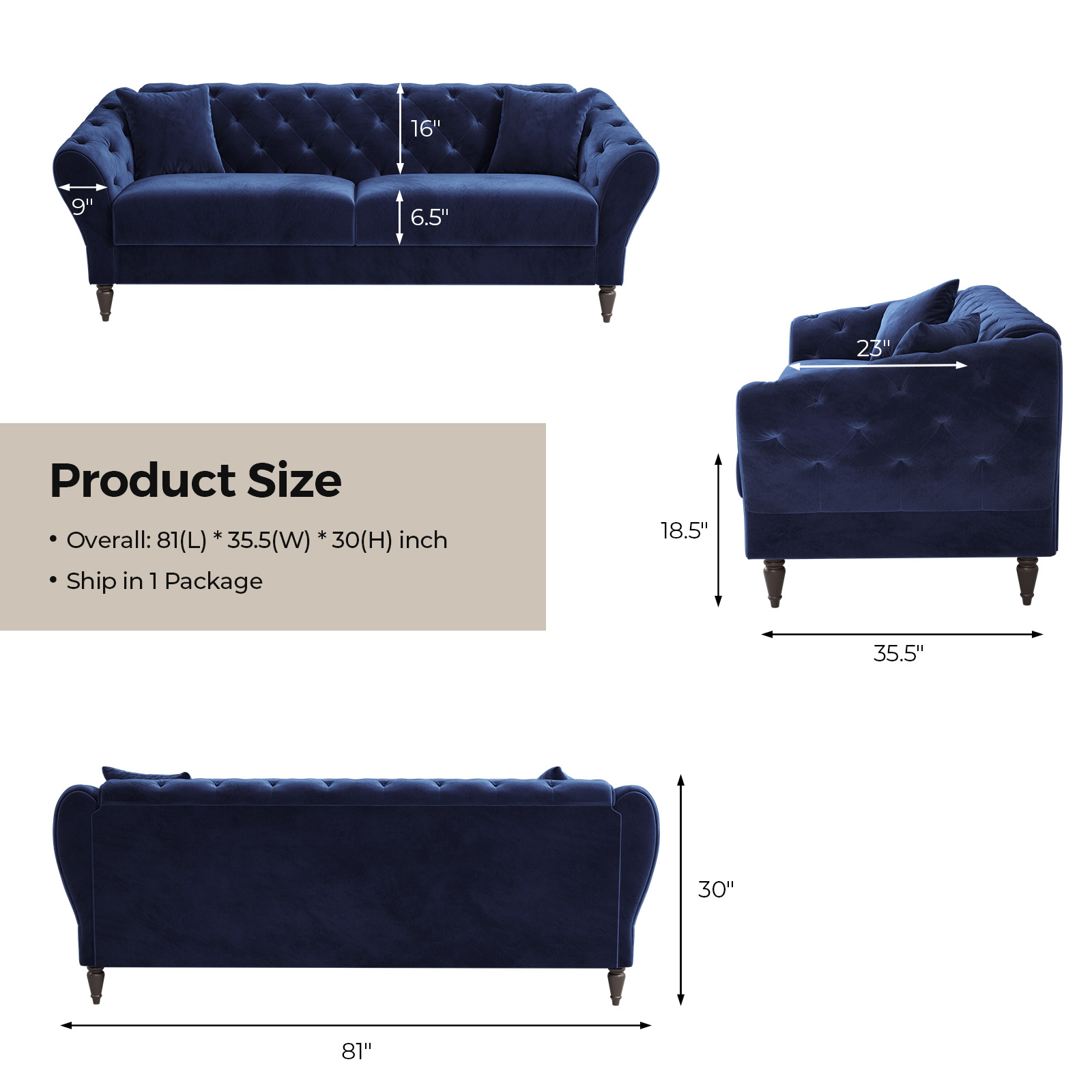 COPIAE 82 Inch Chesterfield loveseat Sofa,Tuxedo Arms Modern Couch Sturdy and Easy Installation, Small Sofa for Living Room Bedroom Office and Apartment,Velvet Fabric Blue
