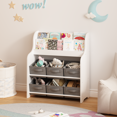 thumbnail image 2 of Bookshelf with 6 Fabric Storage Bins, Multi-Functional s Bookcase and Toy Organizer, White & Gray, 3-Tier Front-Facing Display Shelf for Playroom Bedroom Nursery, 2 of 14